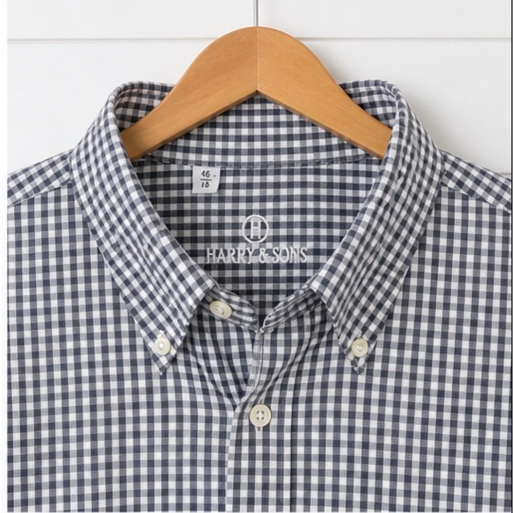 Harry & Sons Button Down Shirt Mens 46/18 Black Gingham Short Sleeve Italy